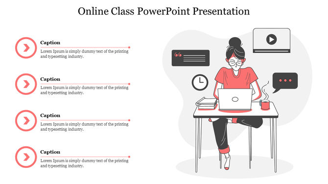 Online class slide with a woman at a laptop, surrounded by icons, and four red arrow captions aligned vertically on the left.