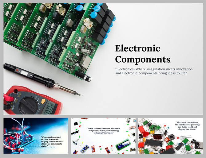 Slide deck featuring electronic components like circuit boards and tools, discussing innovation and technological advances.