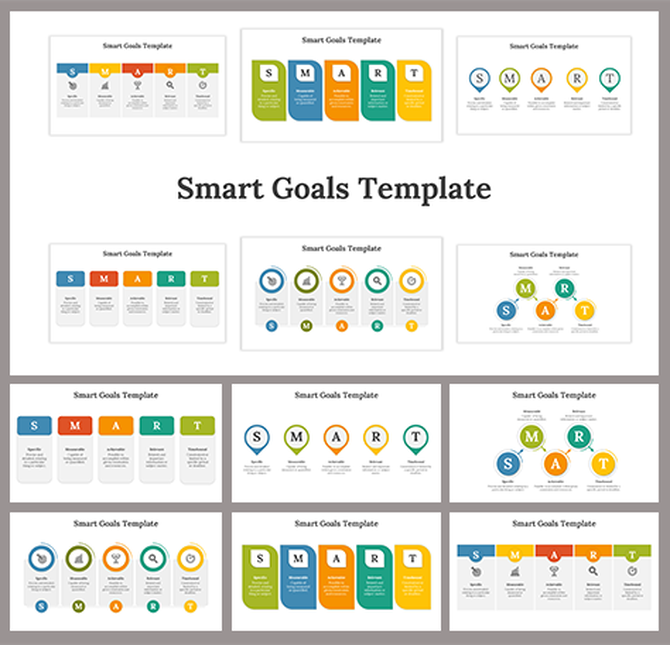 Collection of twelve smart goals slides with arrangements of colored blocks and icons, each arranged in multiple design.