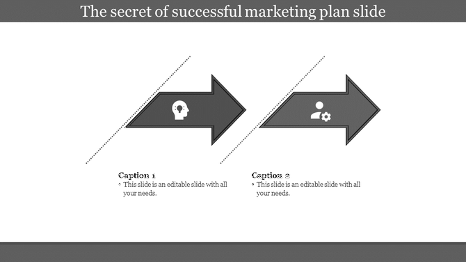 Simple marketing plan slide featuring two large arrows pointing right, each with unique white icons.