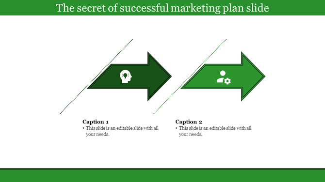 Business and marketing plan slide with two green arrows, icons, and captions with placeholder text.