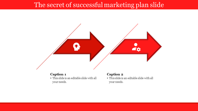 Marketing slide with two bold red arrows featuring icons of a head with a bulb and a person with a gear symbol.