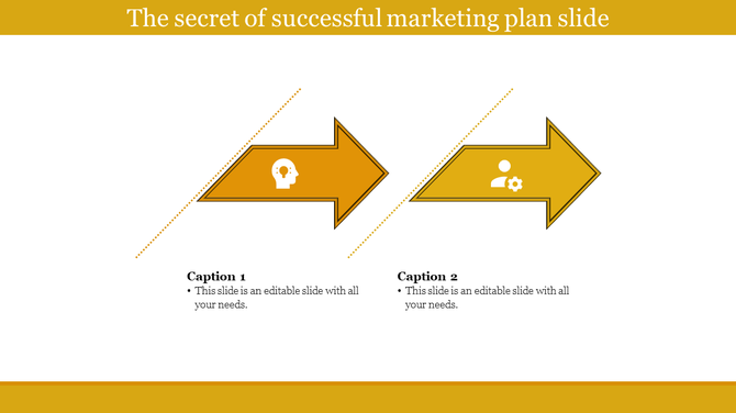 Marketing slide with two yellow arrows in progression, each containing icons and space for text below.