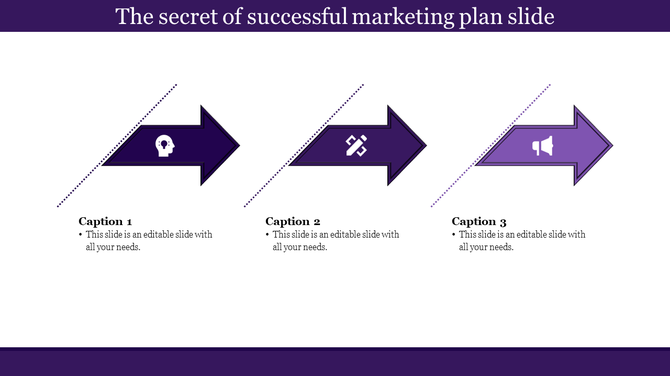 Purple marketing plan template with three arrows and icons representing innovation, design, and advertisement with captions.