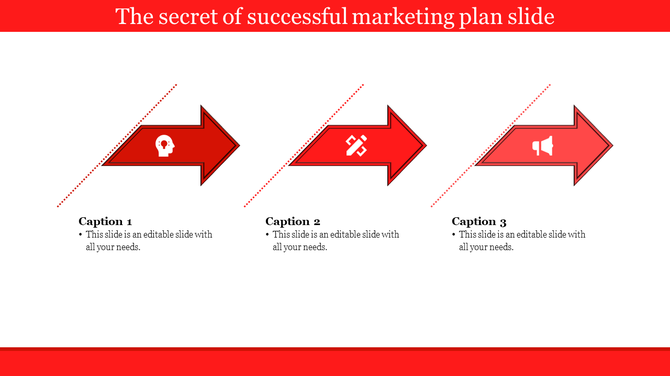 Business and marketing plan slide with three red arrows, icons, and captions.