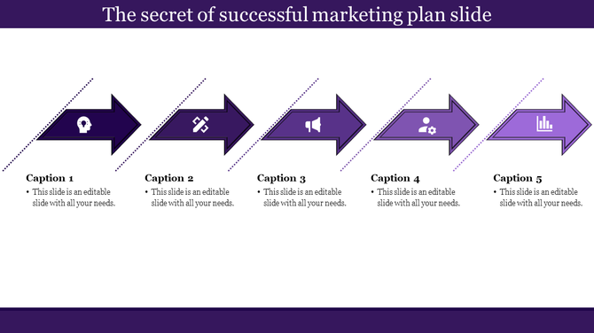 Horizontal layout with five purple arrows, each containing business icons and captions, forming a step by step flow.