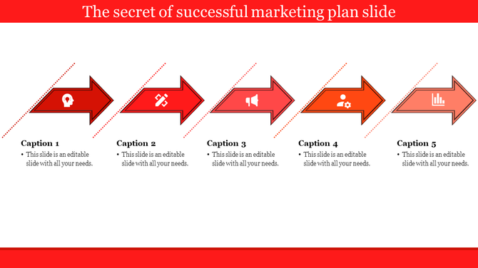 Business and marketing strategy slide with five red arrows, icons, and captions.