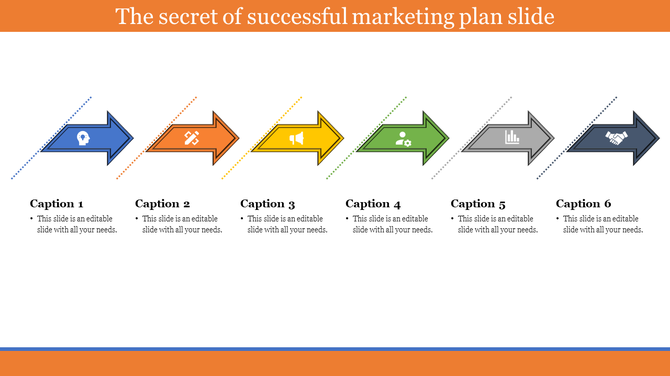 Template with six colorful arrows and icons representing key elements of a marketing strategy.