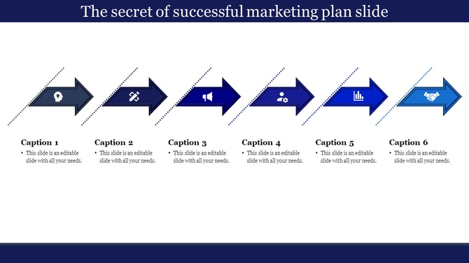 Marketing plan slide with six blue arrows, with icons inside, and captions below for steps.