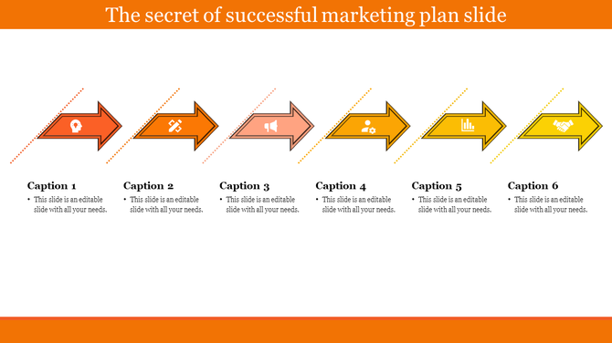 Six step marketing plan layout with bold arrows transitioning from orange to yellow, each showing unique icons.