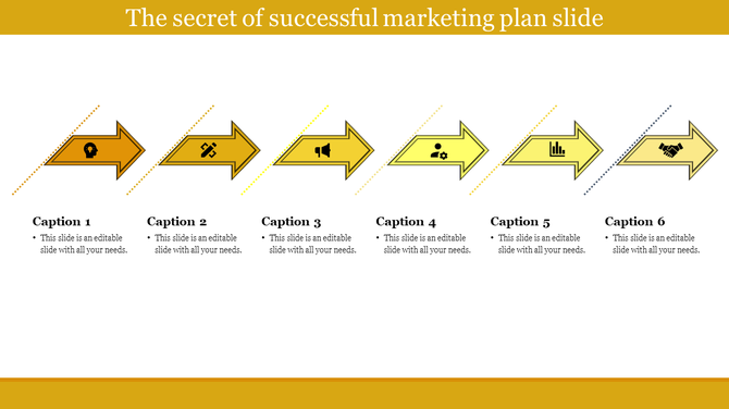 Business and marketing plan slide with six yellow arrows, icons, and captions with placeholder text.