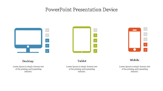 PowerPoint presentation devices with color coded desktop, tablet, and mobile with stars icons next to each with text area.