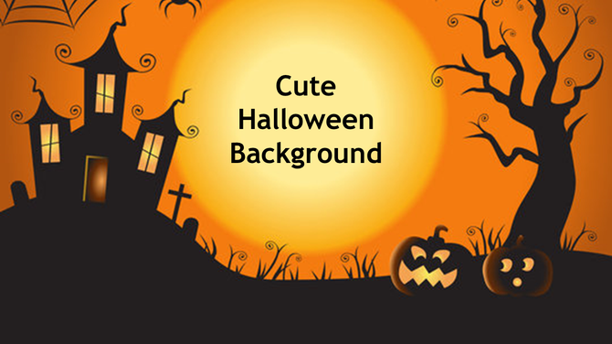 Halloween background with a spooky silhouette of a house, pumpkins, and a tree against a bright orange backdrop.