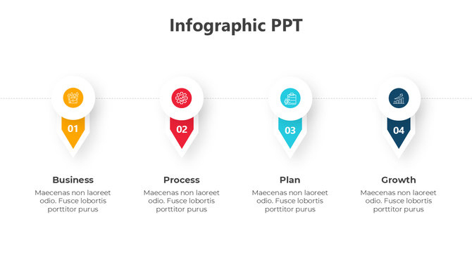 Slide with colorful pointed markers in yellow, red, teal, and blue, numbered 1 to 4, representing business stages.