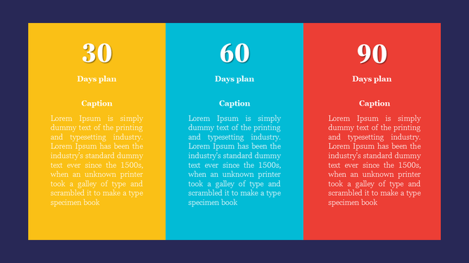 Three vertical sections in yellow, teal, and red on a dark blue background, representing 30, 60, and 90 day plans.