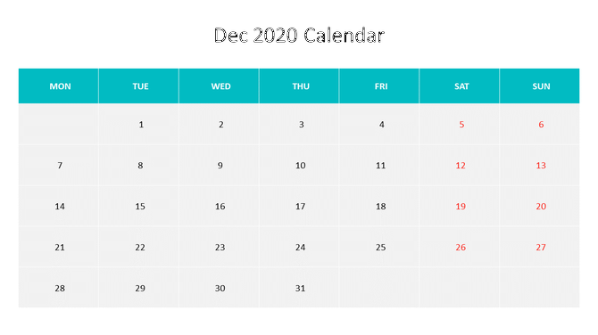 December 2020 calendar layout with teal headers for each day of the week, and red weekend dates for easy viewing.