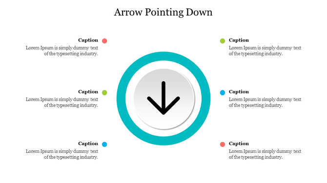 Diagram with a central downward arrow, encircled, and four colored dots on the corners, each associated with a caption.