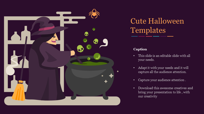 Halloween slide with a witch stirring a cauldron with floating skulls, and colorful text on a purple background.