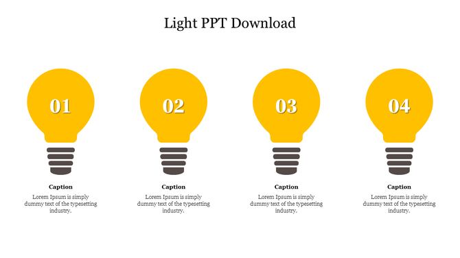 Four yellow light bulb icons with black bases, each numbered from 01 to 04 in white, and captions below.