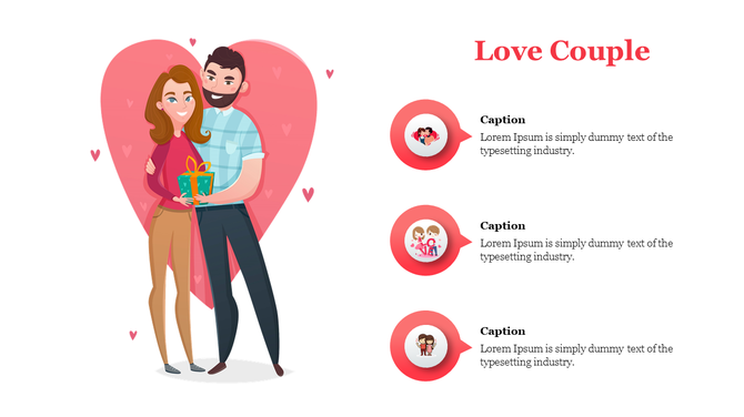 Illustration of a couple holding a gift with a pink heart background, and three captions with circular icons on the right.