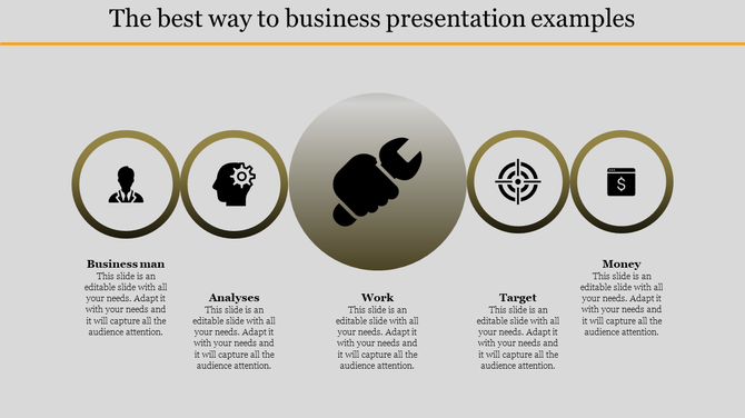 Business presentation slide featuring icons for business, analysis, work, target, and money with placeholder text.