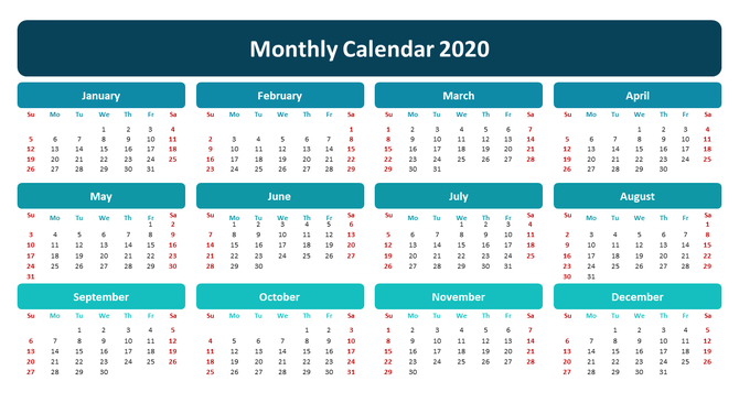 2020 monthly calendar featuring a grid layout for each month with blue and teal headers, and red weekends for easy reference.