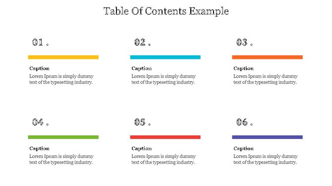 Table of contents with six sections, each with a different colored line and a caption below on a white backdrop.