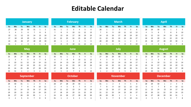Calendar template featuring all months of the year in blue, green, and red, with day names, in a grid layout.