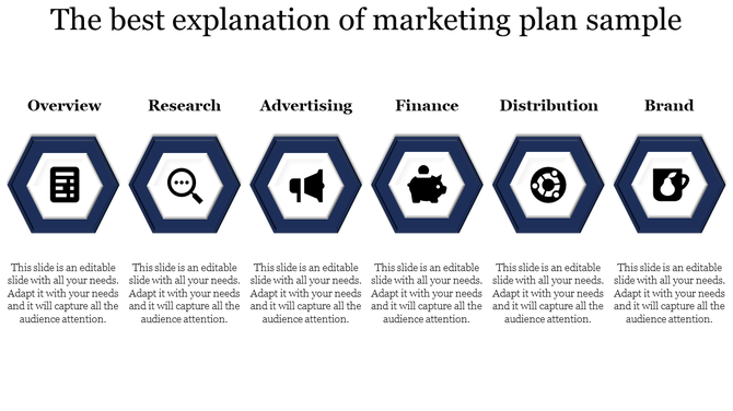 Marketing plan layout with six blue hexagonal icons and corresponding sections for key topics, arranged in a horizontal line.