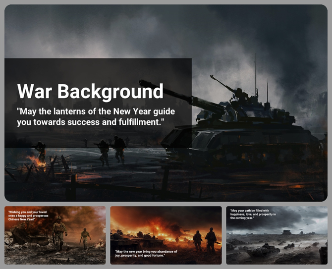 Dark themed slide deck featuring war scenes with tanks, soldiers, and smoky battlefields, conveying dramatic visuals.