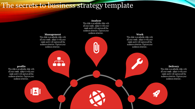 Circular business strategy chart with six red markers displaying icons for work, delivery, profile, and tools around a globe.