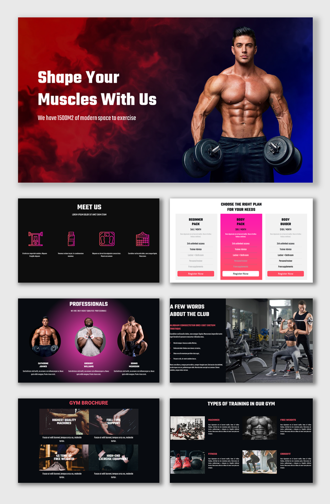 A pack of fitness slides showing a muscular man lifting dumbbells, promoting a gym with spacious exercise areas and plans.
