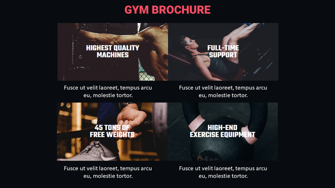 Gym slide features images of gym equipment, trainers, and fitness offerings in a brochure layout.