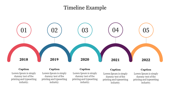 Colorful timeline PPT slide with five sections representing a year from 2018 to 2022, with captions below.