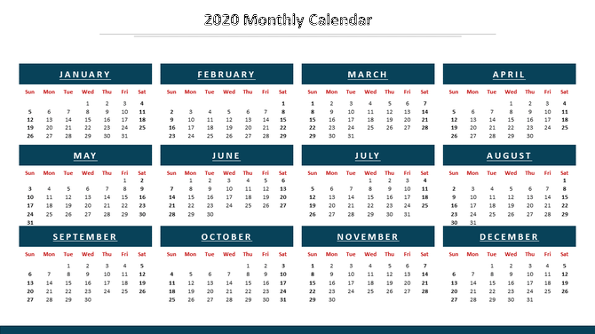 Yearly calendar layout for 2020 with individual month boxes, white background, and bold month headers in blue.