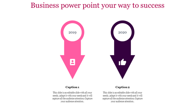 Two large arrows in pink and purple pointing downward, labeled 2019 and 2020, with icons and captions below.