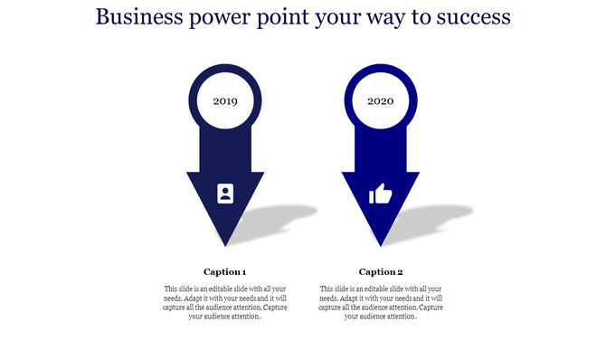 Business infographic with two bold blue arrows pointing down, highlighting milestones and caption areas for 2019 and 2020.
