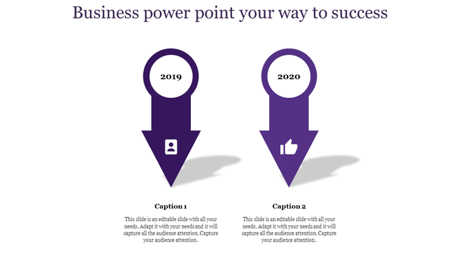 Slide with two purple location style arrows, showing years, icons, and descriptive captions below.