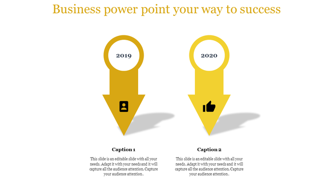 Business slide with arrows labeled for 2019 and 2020, featuring icons for a person and a thumbs up with captions.
