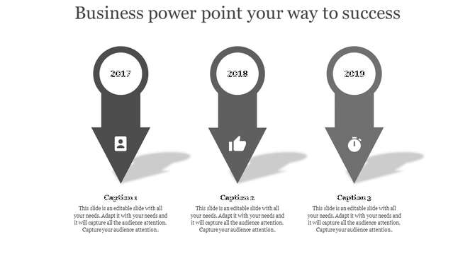 Monochrome business showing three steps with arrows labeled 2017, 2018, and 2019, each with icons for key milestones.