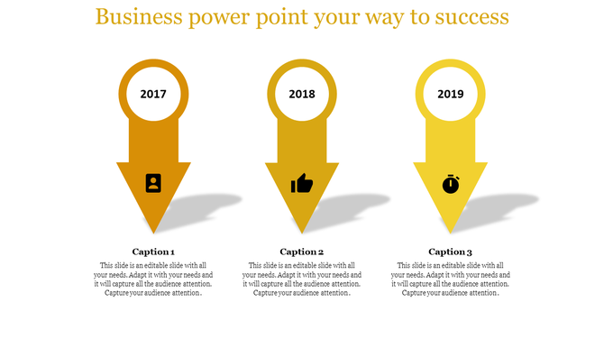 Business infographic with three yellow arrows pointing down, showing years 2017, 2018, and 2019, each containing icons.