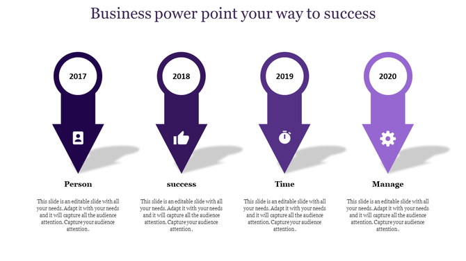 Business timeline featuring four downward arrows in shades of purple, labeled 2017–2020, with milestone icons.