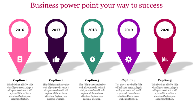 Business PowerPoint slide with colorful arrows representing different years from 2016 to 2020, featuring icons with captions.