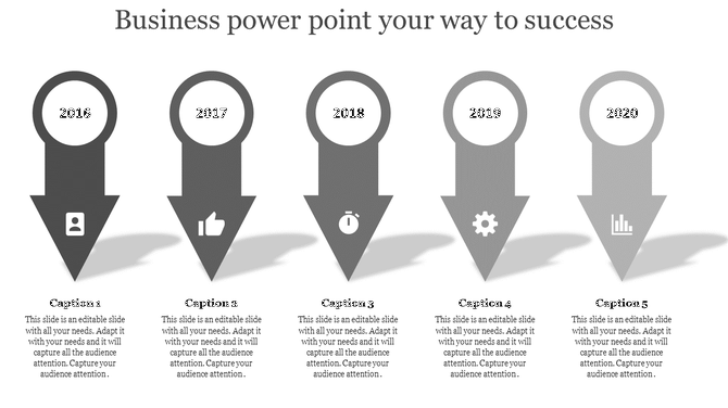 Grayscale business slide with arrows, showing years 2016 to 2020 and icons for user, like, clock, settings, and statistics.