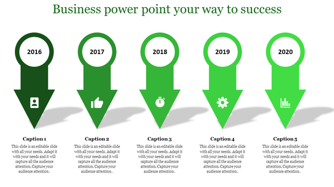 Business PPT slide with green arrows for the years 2016 to 2020, featuring icons from person to analytics with captions.