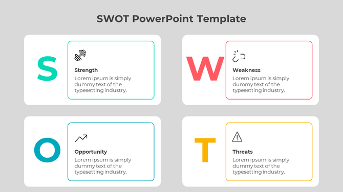 SWOT analysis slide with four sections labeled strength, weakness, opportunity, and threats, each with icons and placeholder.