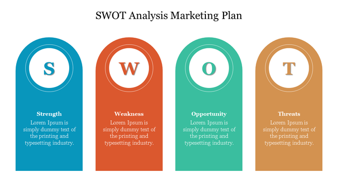 Four-segment SWOT analysis template with large initial letters and distinct color backgrounds for each section.