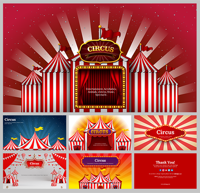 Circus themed slide pack featuring tents with bright lights and marquee, set against backgrounds of red, yellow, and blue.