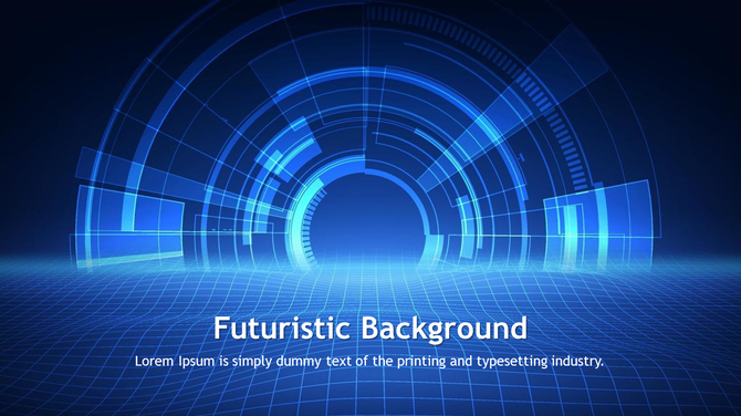 Futuristic digital background slide featuring blue and teal geometric shapes and grid patterns with placeholder text.