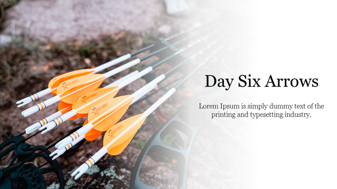 Image of archery arrows with orange vanes placed on a bow, transitioning into a white background with title and text.